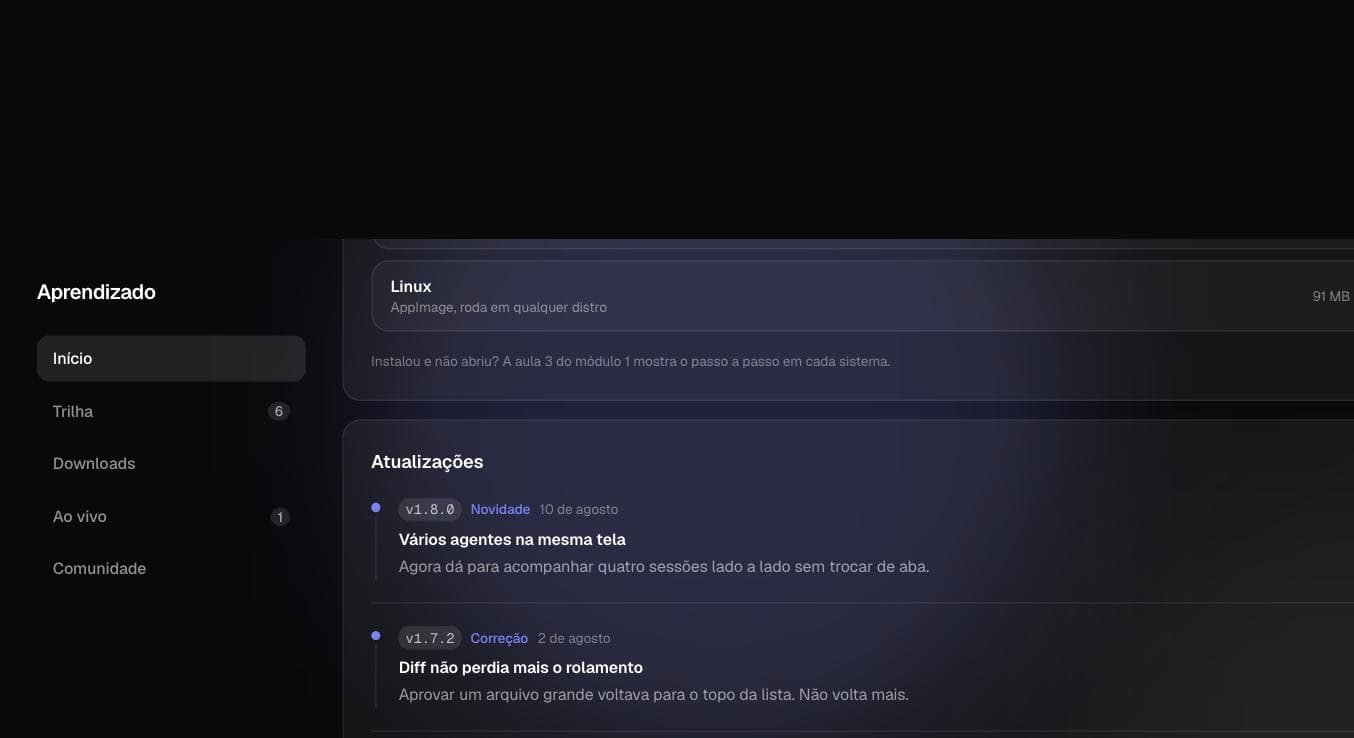 Área de downloads do programa e lista de atualizações da versão